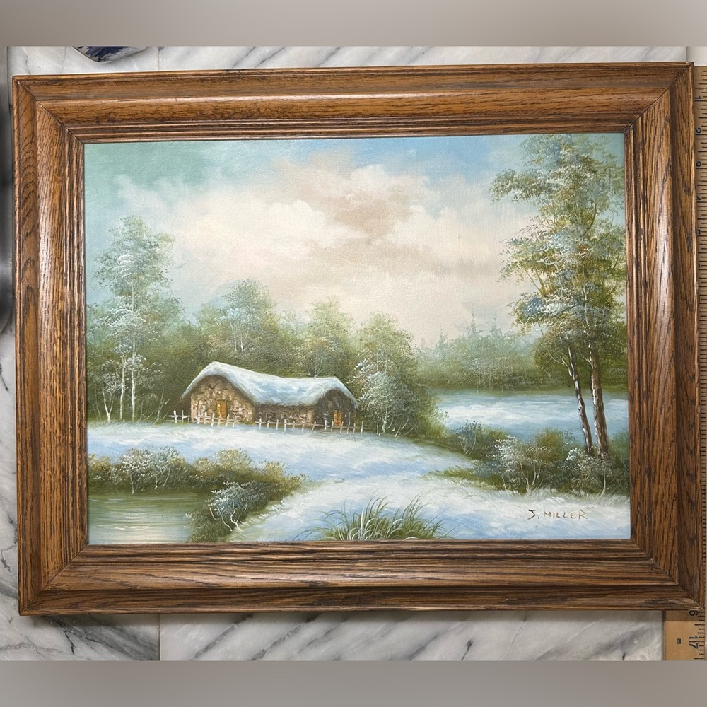Snowy Oil Painting on canvas Signed by L Miller - framed - 19.5 x 14.5” overall